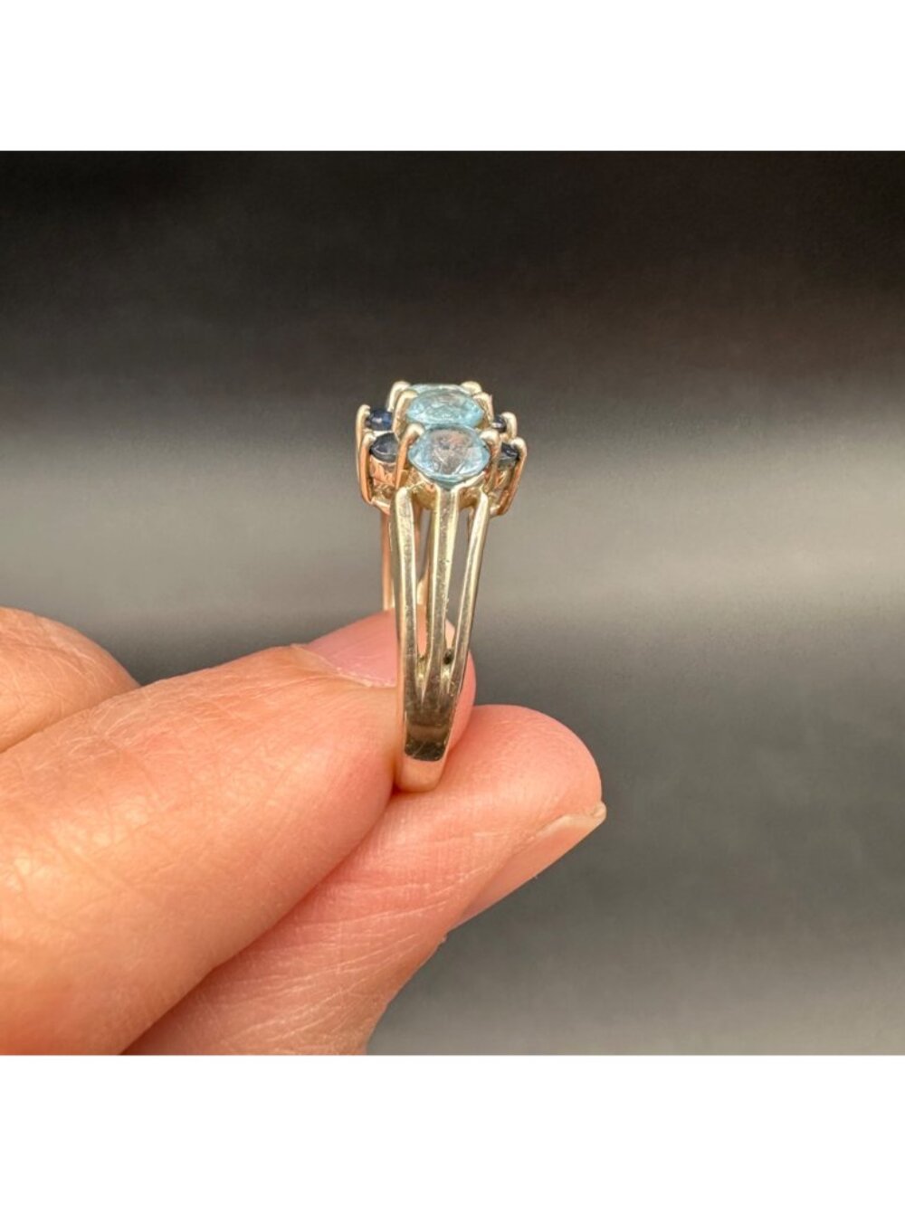 Vintage Sterling Silver Blue Topaz Sapphire Ring 3 Rows Double Split Band Size 6 - Picture 6 of 11